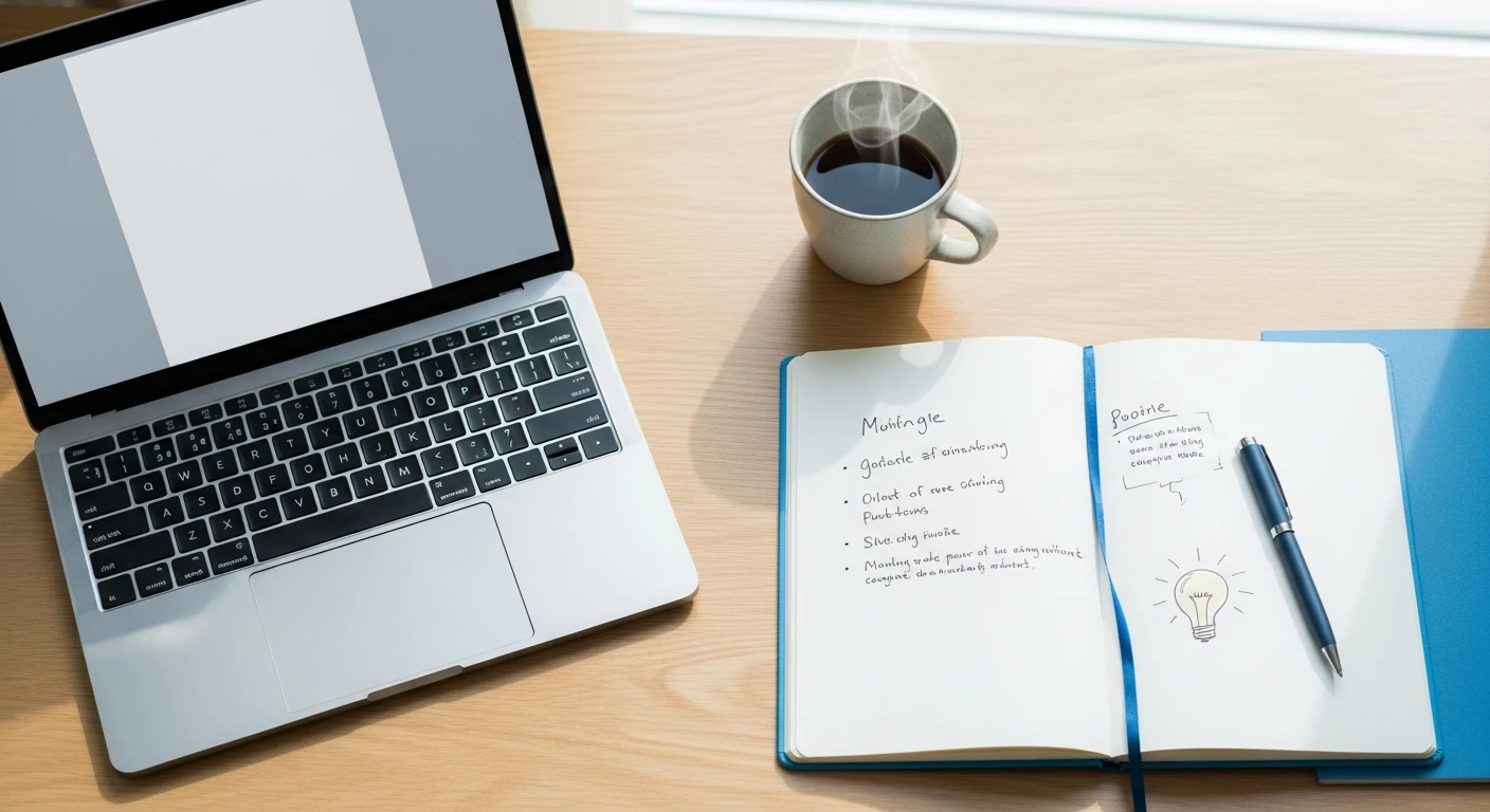 Schreibtisch mit Notizbuch und Laptop für die Projektplanung