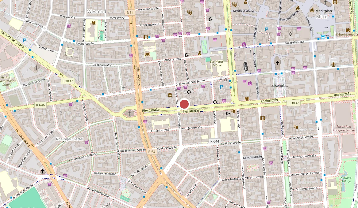 OpenStreetMap-Karte von Wiesbaden mit markiertem Standort Rheinstraße 97, 65185 Wiesbaden