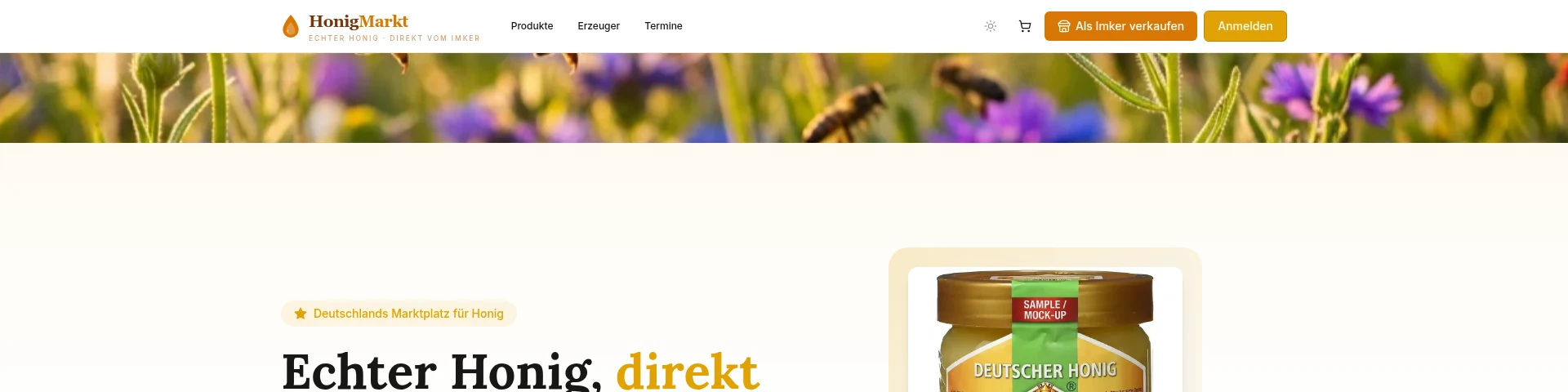 HonigMarkt-Navigation: Markenbanner mit Logo, Menüpunkten Produkte, Erzeuger und Terminen sowie CTA-Button »Als Imker verkaufen«
