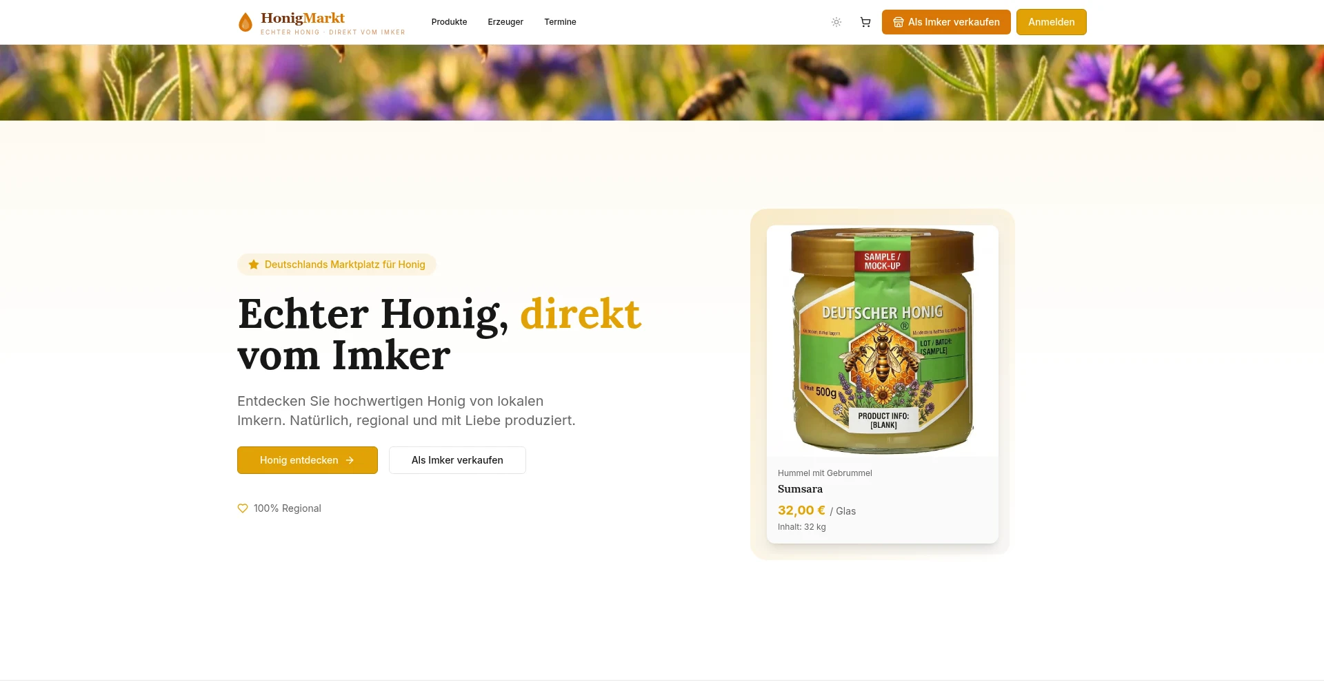 HonigMarkt-Startseite: Hero-Bereich mit Headline »Echter Honig, direkt vom Imker« und einer Produktkarte – echter-honig-vom-imker.de