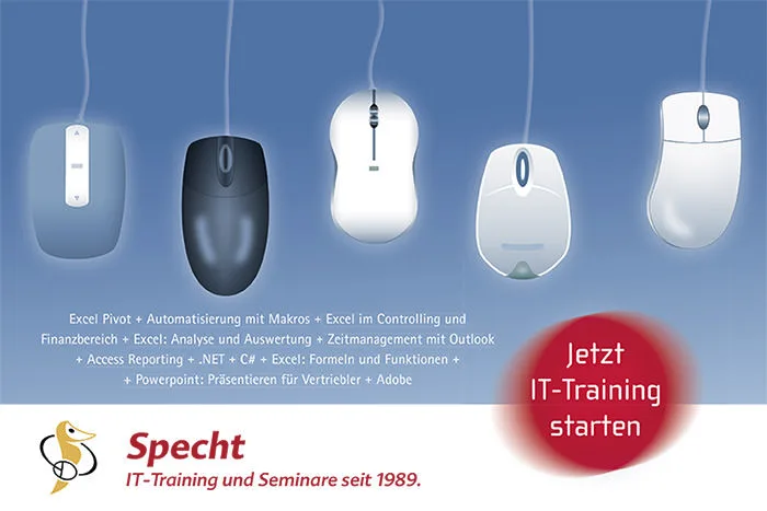 Werbepostkarte für Specht IT-Training & Seminare: fünf Computermäuse nebeneinander mit einer Auflistung der angebotenen IT-Seminarthemen