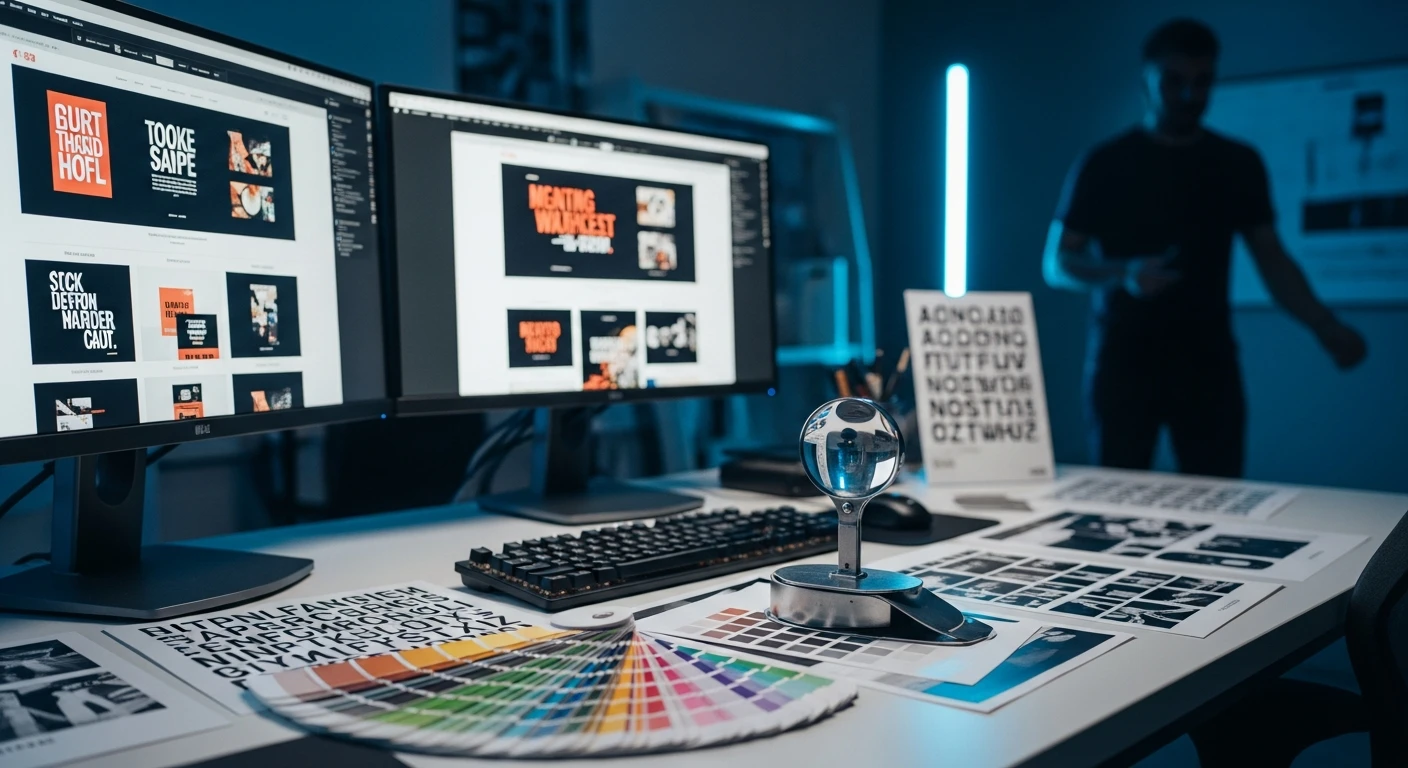 Cinematic view of a modern design studio: monitors with typography, keyboard, loupe, proofs and a colour swatch fan, with a blurred figure in the background