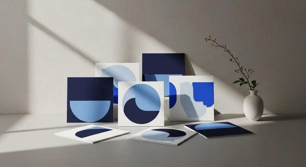 Quadratische Musik-Cover mit geometrischer Gestaltung in Blautönen, atmosphärisch beleuchtet, daneben ein schlichtes Ikebana-Gesteck