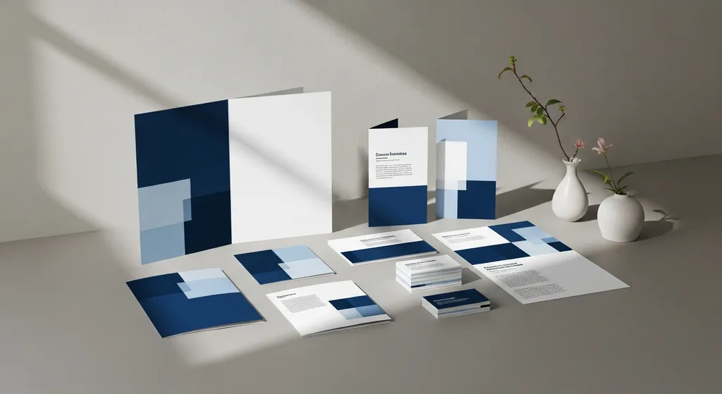 Arrangement gedruckter Designarbeiten – Broschüren, Flyer und Visitenkarten mit geometrischen Layouts in Blautönen, daneben ein schlichtes Ikebana-Gesteck