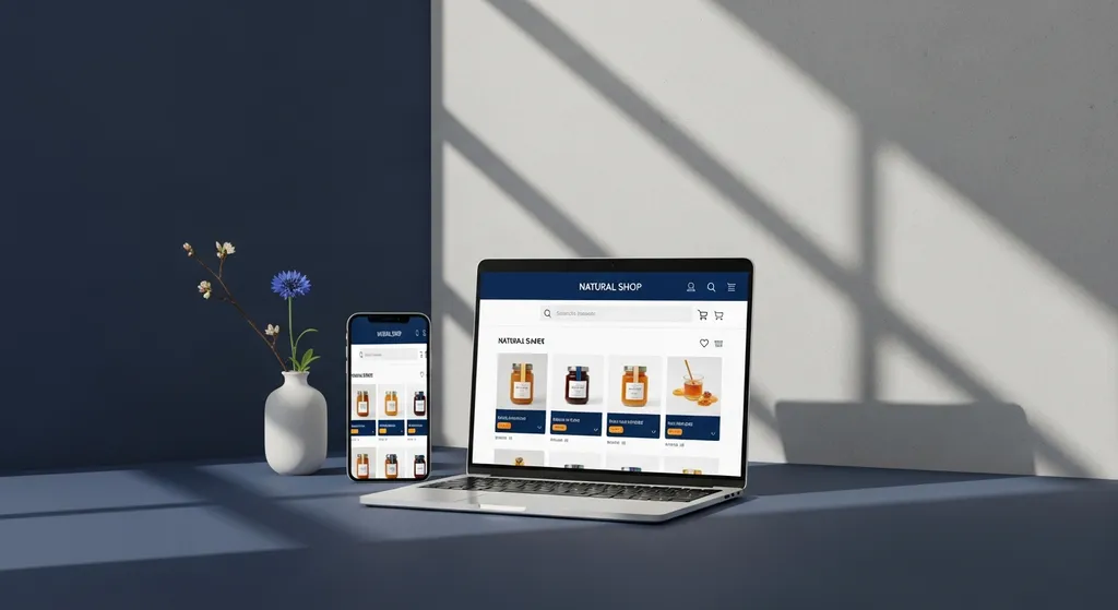 Laptop und Smartphone zeigen einen Onlineshop für Naturprodukte in Blautönen, daneben ein schlichtes Ikebana-Gesteck in atmosphärischem Licht