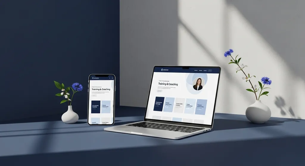 Laptop und Smartphone zeigen eine moderne Webseite in Blautönen, daneben ein schlichtes Ikebana-Gesteck in atmosphärischem Licht
