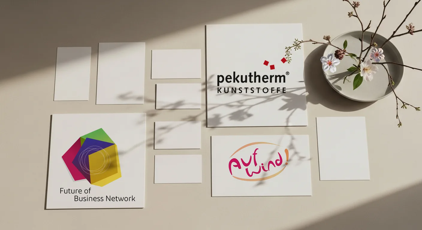 Branding-Flatlay von oben: drei Kundenlogos – Auf wind!, pekutherm Kunststoffe und Future of Business Network – auf hellen Karten arrangiert, mit Ikebana-Gesteck, weichem Streiflicht und sanfter Tiefenunschärfe