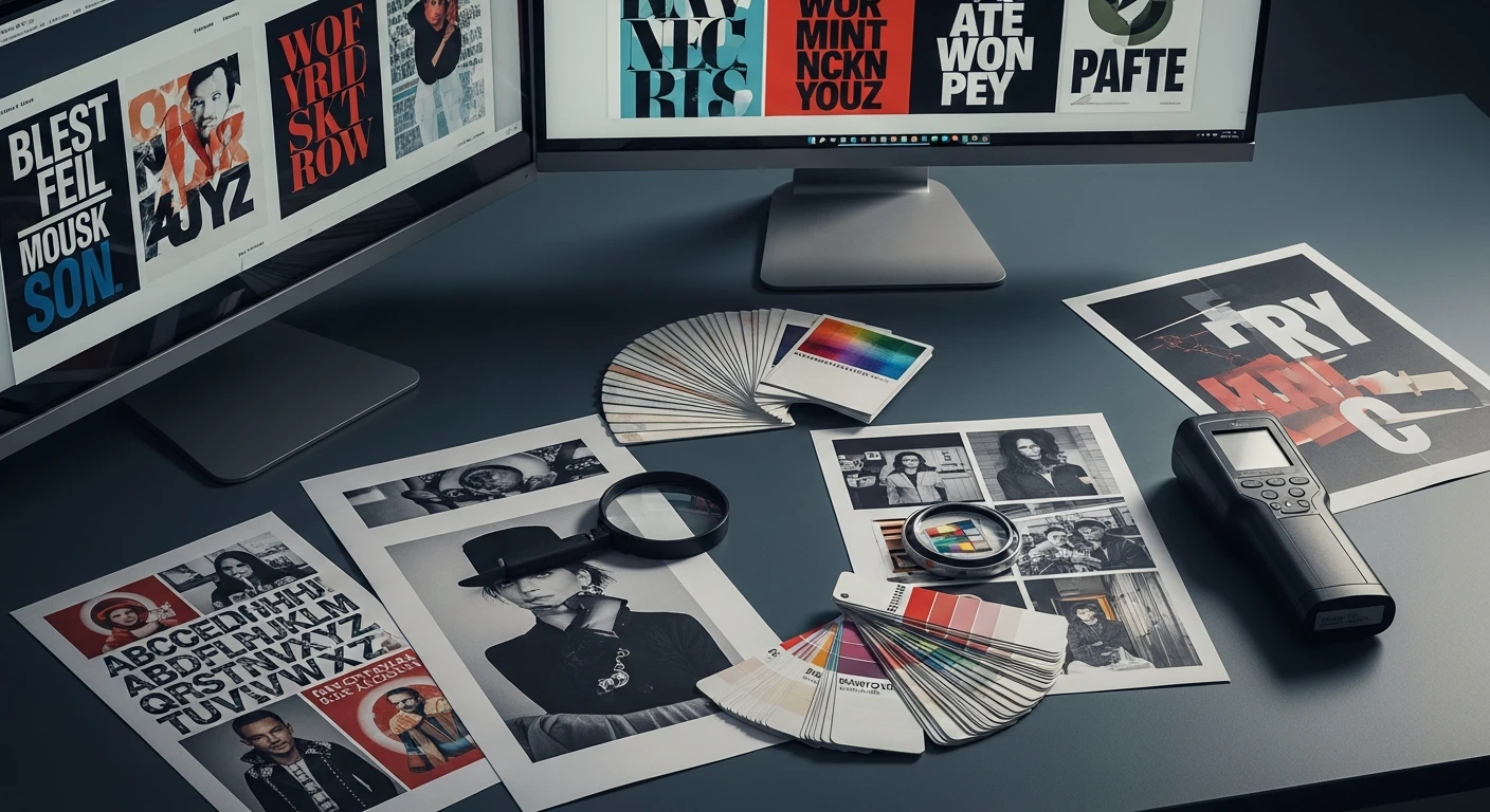 Cinematischer Blick über einen Design-Schreibtisch: zwei Monitore mit Layout-Entwürfen, gedruckte Entwurfsseiten, Schriftfächer, Farbfächer, Lupe und ein Farbmessgerät zur Druckkontrolle