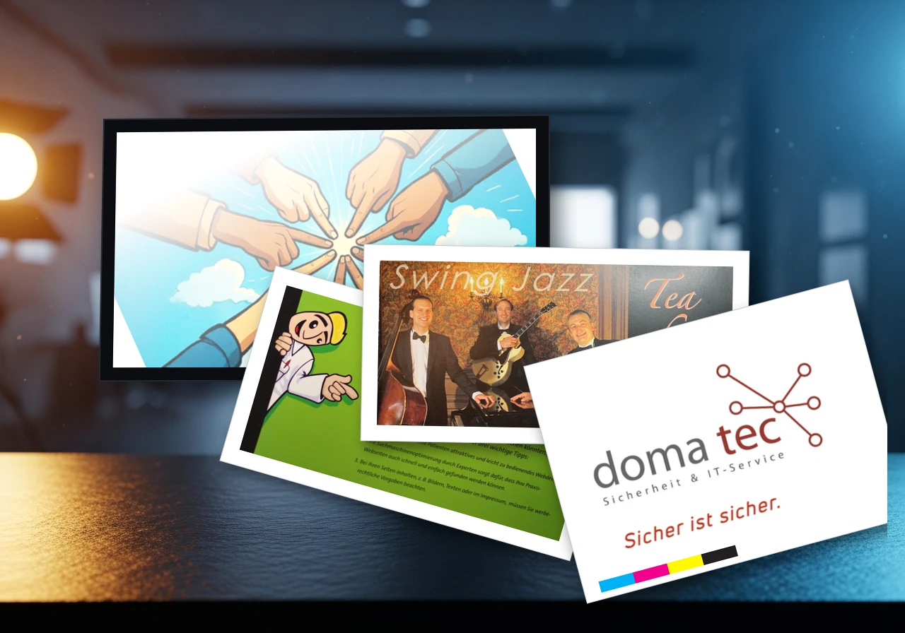 Cinematische Studio-Szene: ein Monitor mit Webdesign und ein Fächer aus gedruckten Arbeiten – Musik-Cover, Flyer und Logo mit CMYK-Druckkontrollstreifen