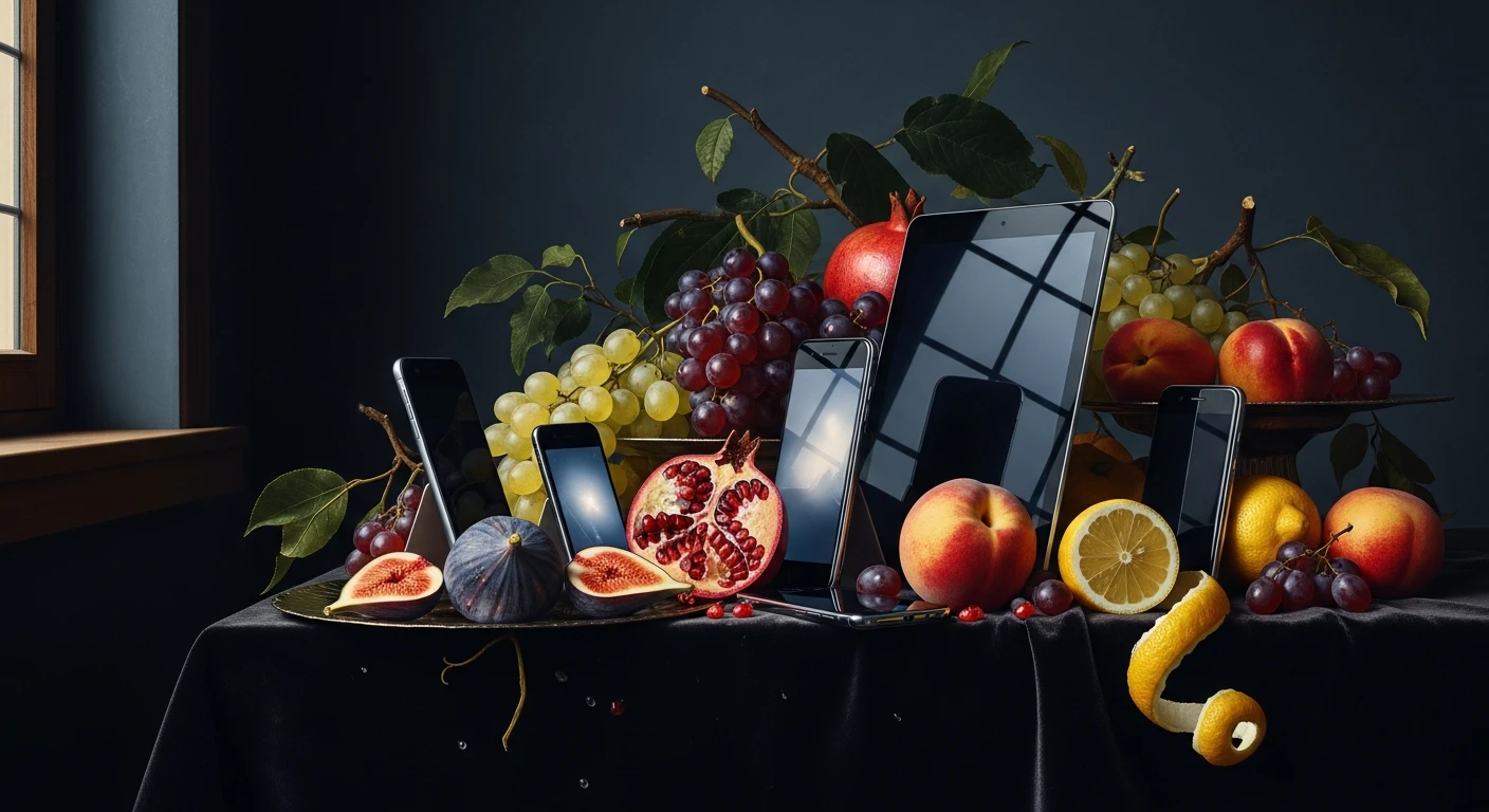 Still life in the style of Dutch painting: ripe fruit and modern smartphones artfully arranged together in fine light