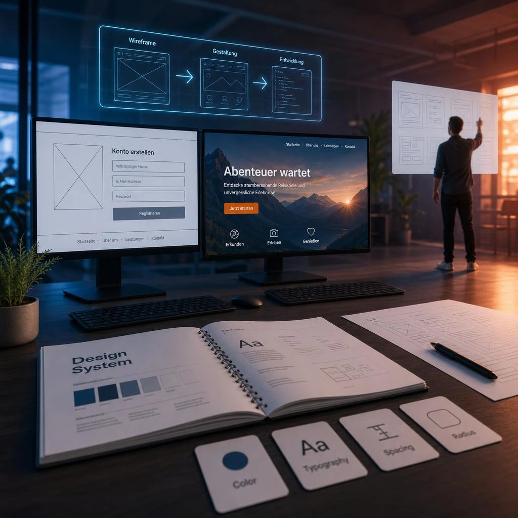 Fotorealistisches Webdesign-Studio mit schwebendem Hologramm, Bildschirmen mit Webseiten-Entwürfen, Design-System-Booklet und Token-Karten