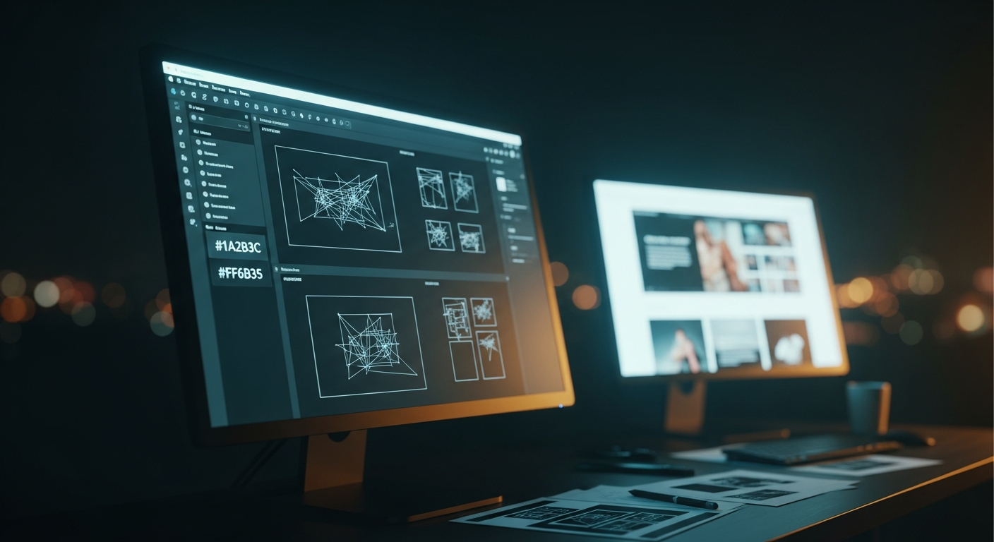 Dunkles Designstudio: leuchtender Monitor mit Figma-Wireframes und Hex-Farbcodes, zweiter Bildschirm im Bokeh-Hintergrund – Tiefenschärfe, Licht und Schatten