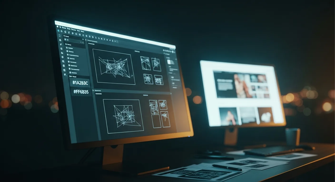 Dunkles Designstudio: leuchtender Monitor mit Figma-Wireframes und Hex-Farbcodes, zweiter Bildschirm im Bokeh-Hintergrund – Tiefenschärfe, Licht und Schatten